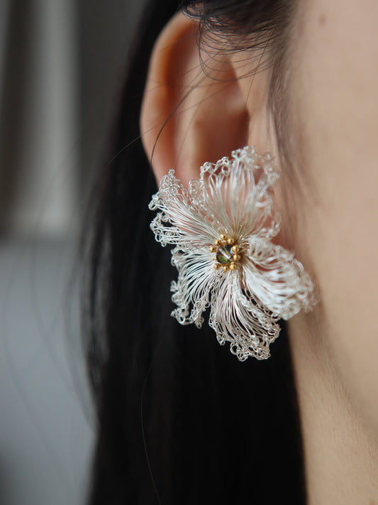 Handmade silver crochet woven fashionable earrings